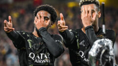 Ibrahim MBAYE of PSG celebrate his goal with Desire DOUE. IMAGO