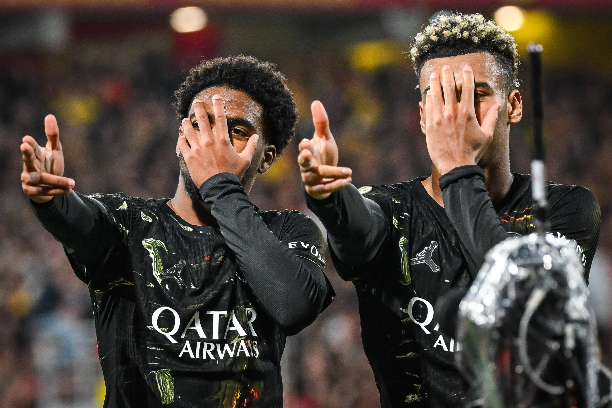 Ibrahim MBAYE of PSG celebrate his goal with Desire DOUE. IMAGO